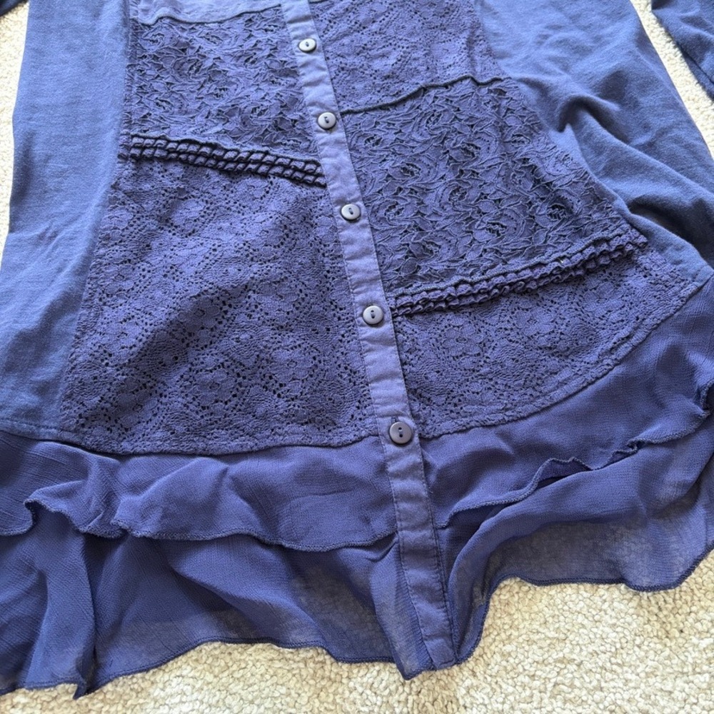 April Cornell‎ Tunic Womens S Blue Ruffle Lace Boho Cottage Collared Relaxed - Picture 3 of 11